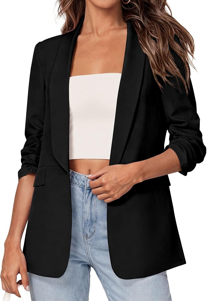 PRETTYGARDEN Women's 2026 Spring Blazers Business Casual Outfits Open Front Ruched 3/4 Sleeve Lig... | Amazon (US)
