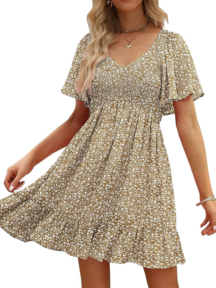 Womens Cute Floral Smocked V Neck Flutter Sleeve Sundress with Pockets Casual Spring Summer Dress... | Amazon (US)