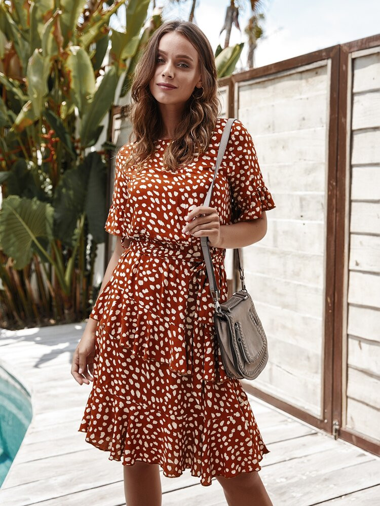 Belted Dalmatian Print Ruffle Trim Dress | SHEIN