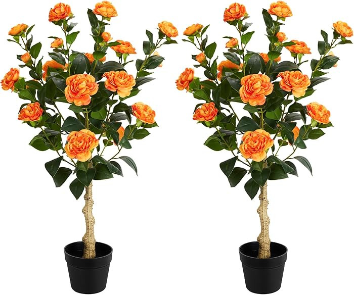 3FT Artificial Camellia Tree, 2 Pack Fake Camellia Tree Artificial Tree, Faux Floral Plants in Ce... | Amazon (US)