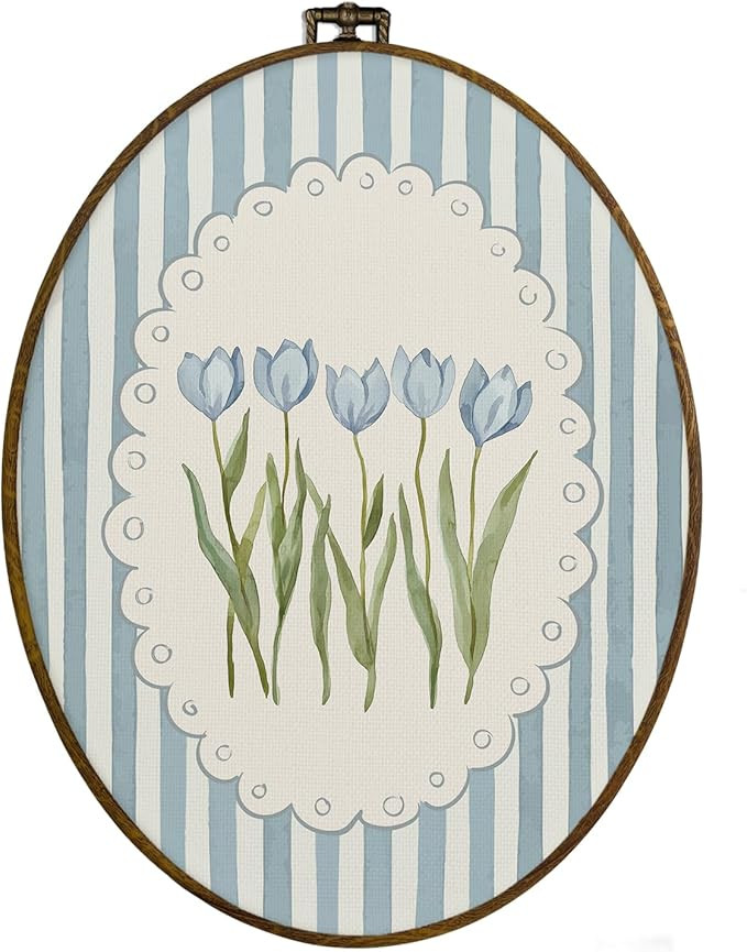 dvhdajed Grandmillennial Blue Tulip Floral Oval Wall Art Decor, Preppy Chinoiserie Floral Botanic... | Amazon (US)