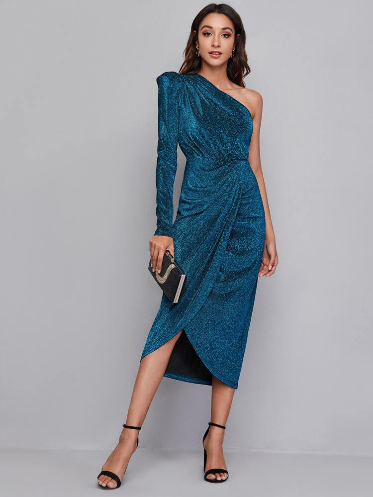 SHEIN One Shoulder Wrap Hem Glitter Dress | SHEIN