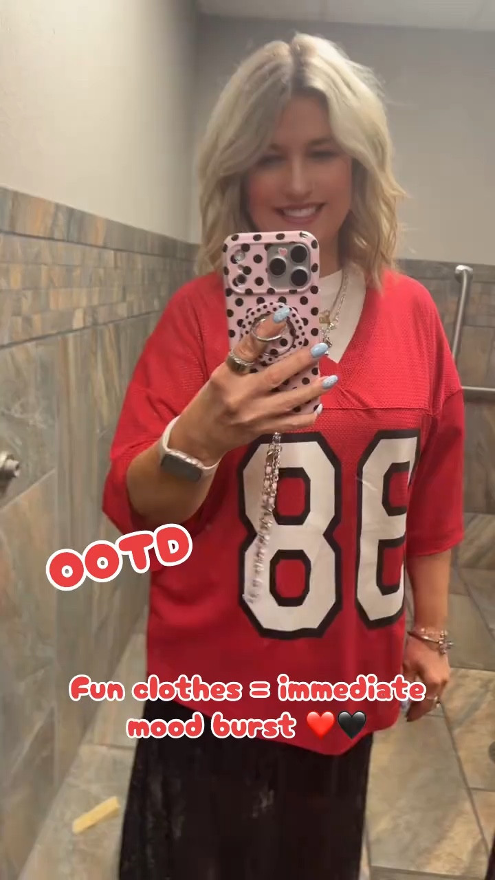 Love to sport up the lace skirts with a jersey! ❤️🤍🖤 #jerseys #laceskirts #sportsmom 

#LTKootd #LTKActive #LTKmomlife