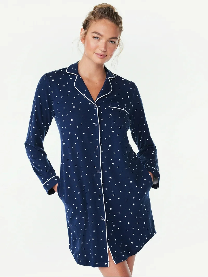 Joyspun Women’s Cotton Blend Long Sleeve Notch Collar Sleepshirt, Sizes S to 4X | Walmart (US)
