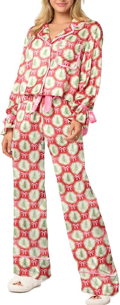 Faretumiya Women 2 Piece Christmas Pajamas Set Bow Tie Long Sleeve Button Shirts Wide Leg Pants C... | Amazon (US)