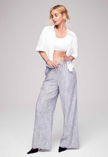 Womens Navy Stripe Wide Leg Linen Trousers | Peacocks