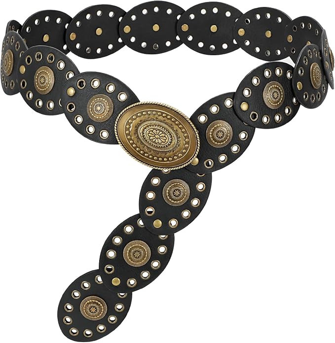 LEACOOLKEY Hollow Western Disc Belt for Dress Boho Concho Belt Vintage Country Waist Belts for Wo... | Amazon (US)