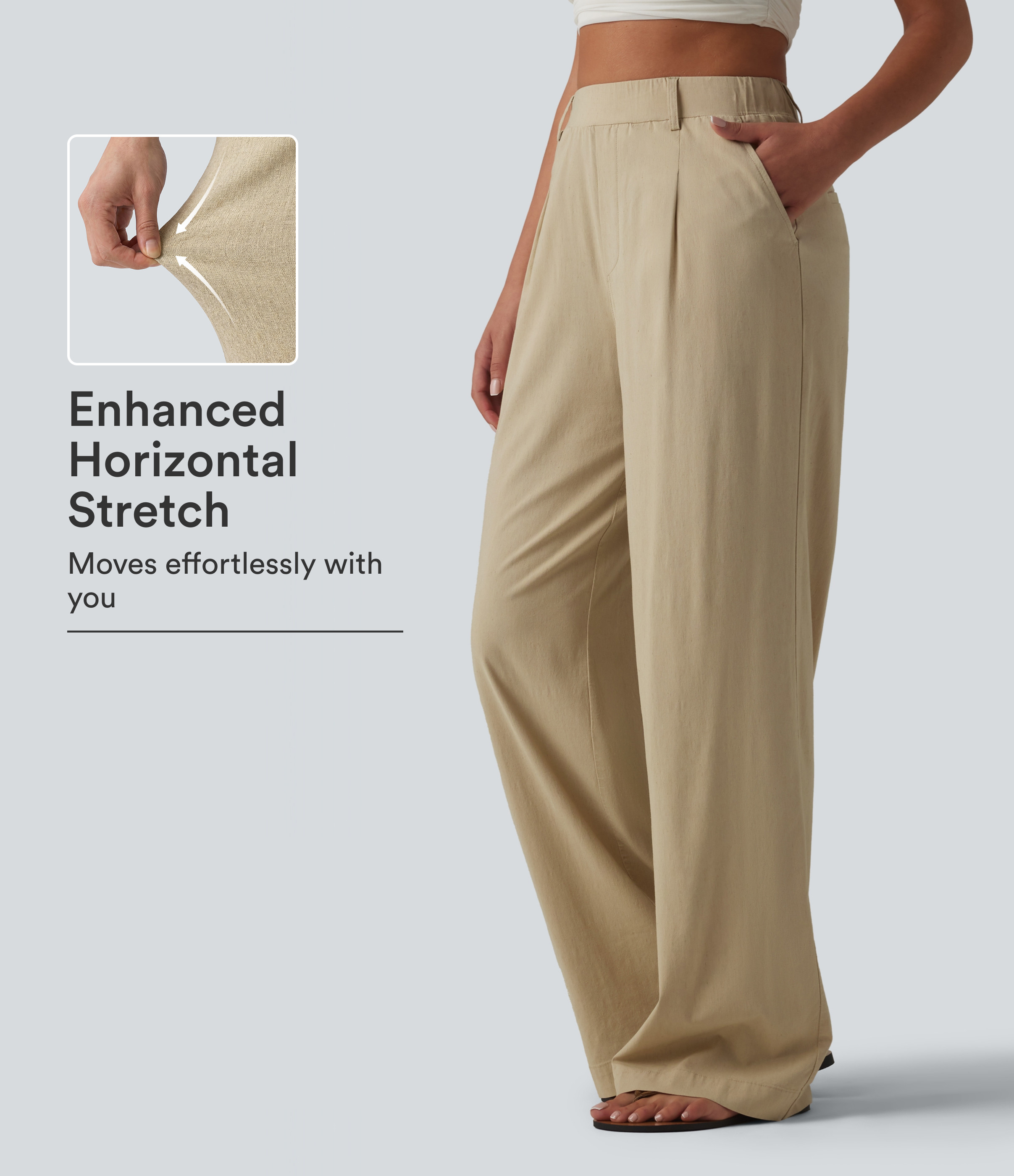 High Waisted Straight Leg Casual Stretch Linen Pants with Pockets | HALARA