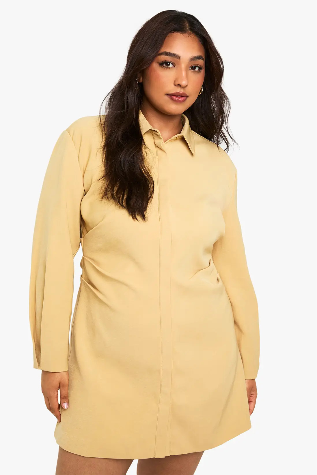 Ecru boohoo Plus Ruched Side Shirt Dress | PrettyLittleThing USA | PrettyLittleThing US