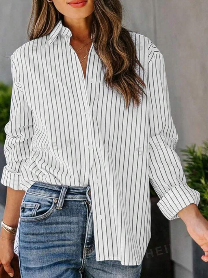 SHEIN Essnce Women's Striped Printed Front Button Casual Long Sleeve Shirt | SHEIN