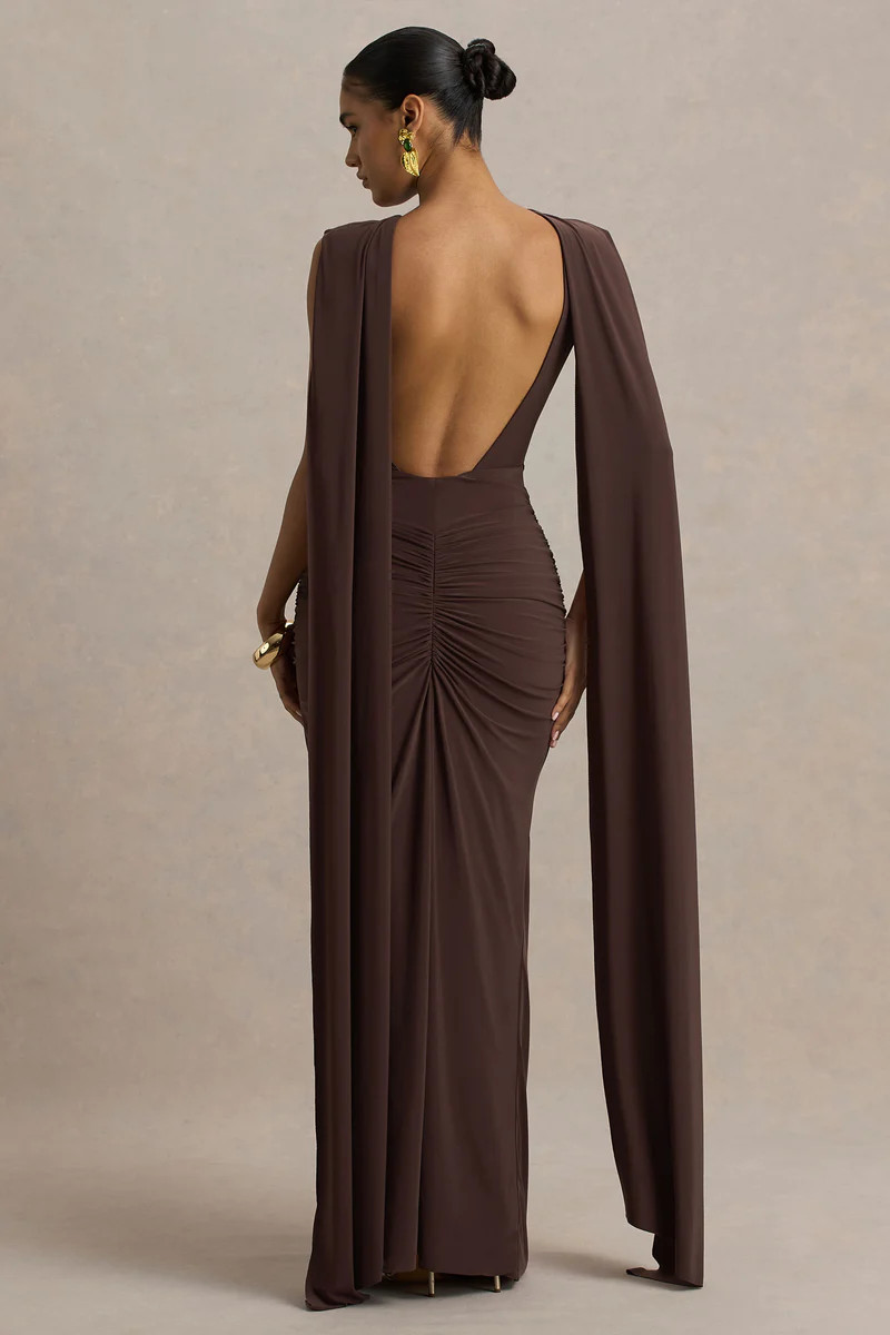 Premiere  Brown Boat-Neck Maxi Dress With Cape Sleeves And Open-Back | Club L London