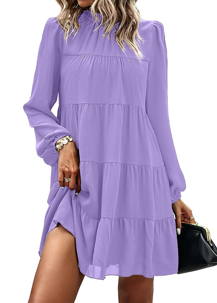 KIRUNDO Long Sleeve Baby Doll Dresses Women 2025 Casual Fall Winter Ruffle Mock Neck Tiered Mini ... | Amazon (US)