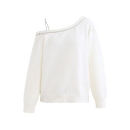 One-Shoulder Diamond Strap Knit Sweater in White | Chicwish