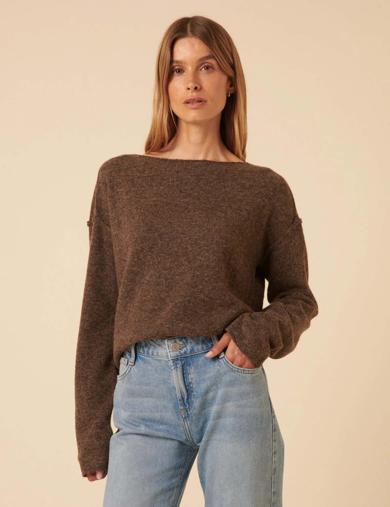 Brown Slash Neck Knitted Jumper | Nobody's Child