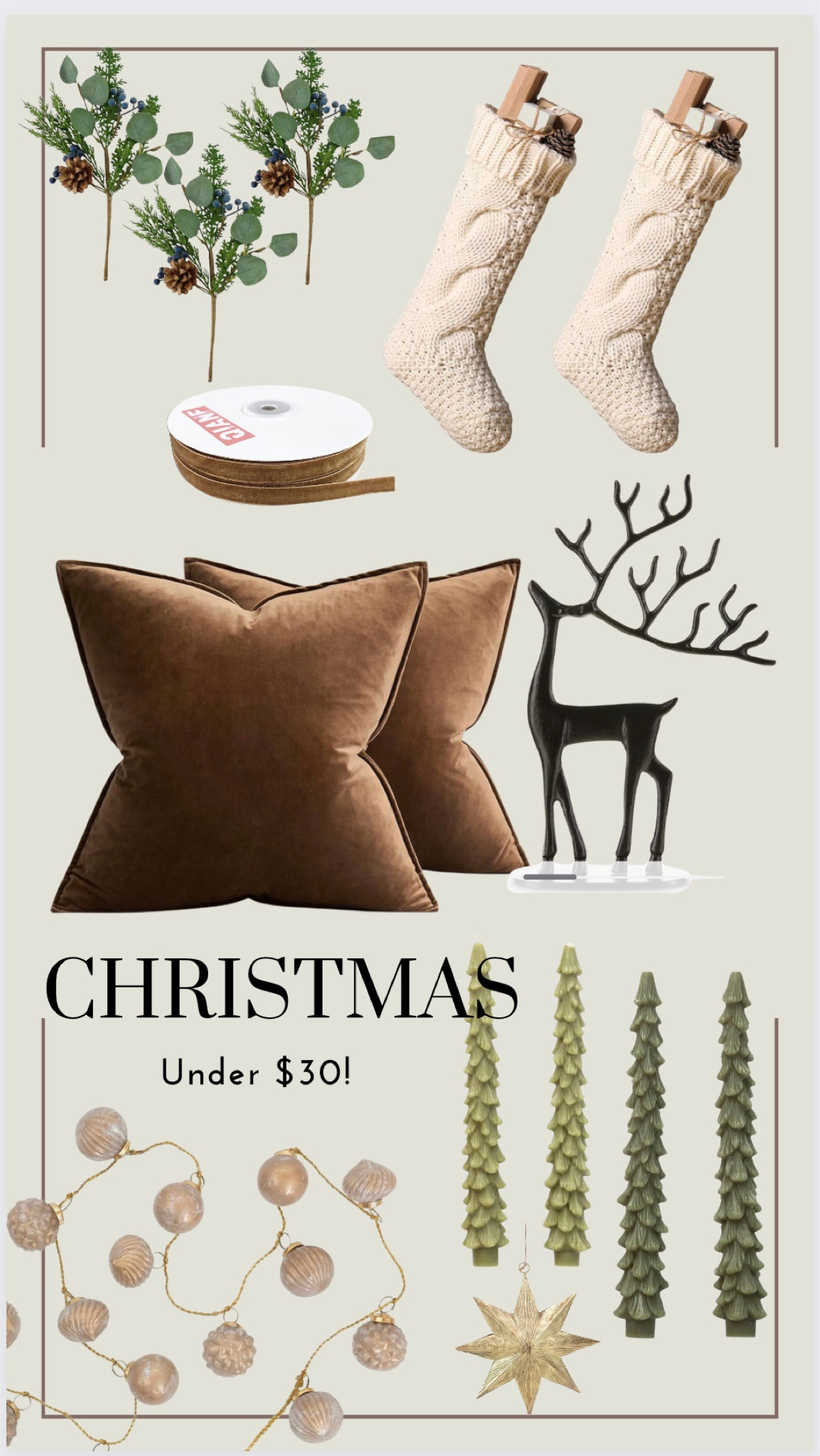 Holiday finds under $30! Velvet ribbon, pottery barn dupe reindeer, christmas tree taper candles, velvet throw pillow covers, mercury glass garland!

#LTKHoliday #LTKSeasonal #LTKhome
