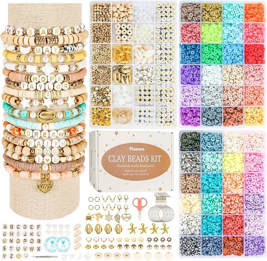 Pizooro Clay Beads 3 Boxes Bracelet Making Kit, 10500pcs Beads for Jewelry Making, Round Letter B... | Amazon (US)