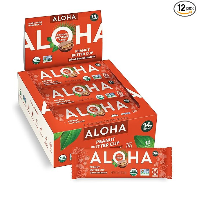 ALOHA Organic Plant Based Protein Bars - Peanut Butter Cup Bar - 12 Bars, Vegan, Low Sugar, Glute... | Amazon (US)