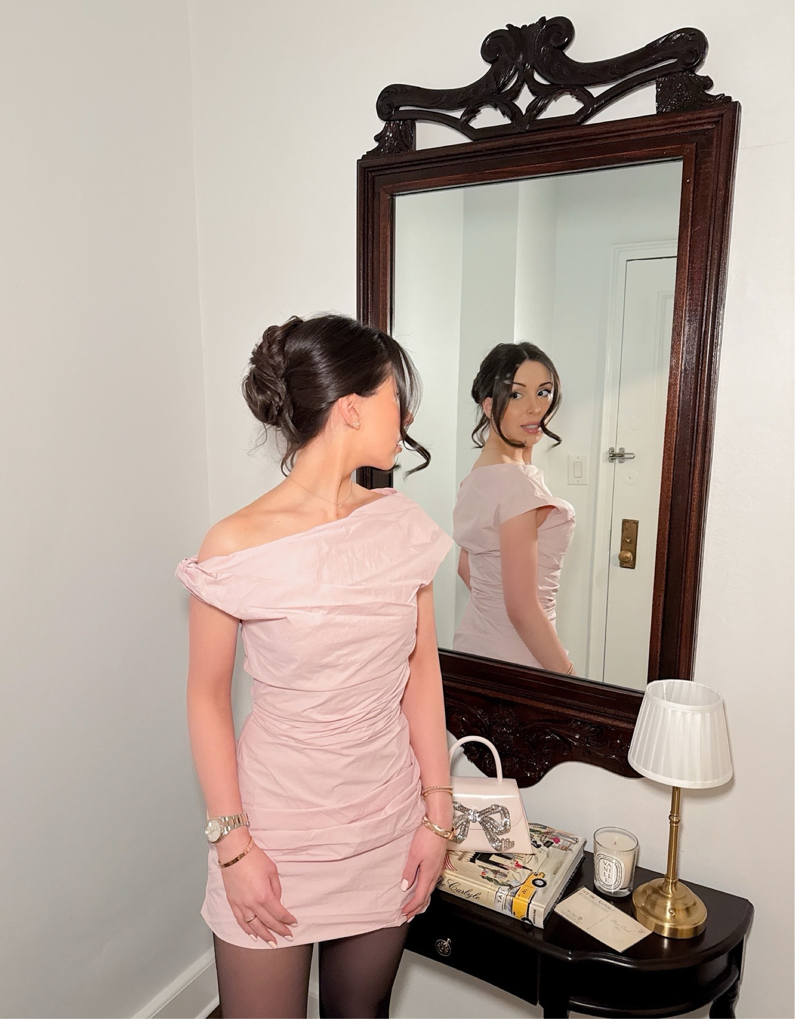 for my birthday this year, I styled this asymmetrical pink Paris Georgia dress with sheer Wolford tights, black YSL heels, my festive self portrait bag, and an updo. 

#LTKParties #LTKStyleTip #LTKPetite