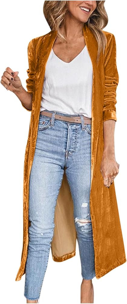 HGps8w Women's Long Velvet Jacket Trendy Velour Lapel Cardigan Vintage Open Front Duster Outerwea... | Amazon (US)