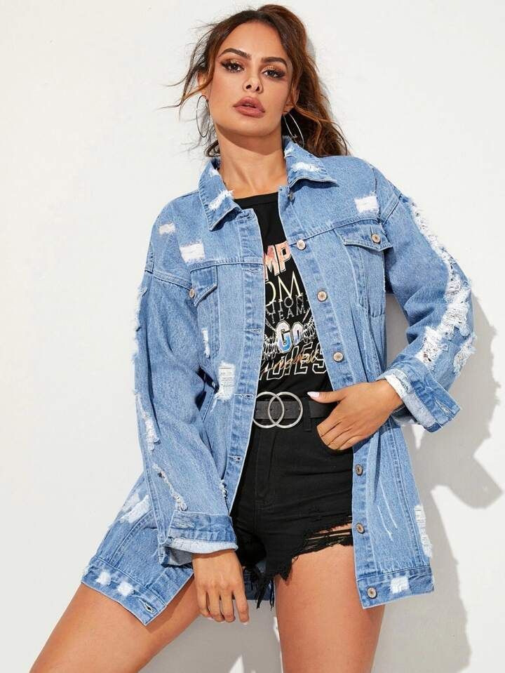 SHEIN Essnce Raw Hem Ripped Longline Trucker Denim Jacket | SHEIN