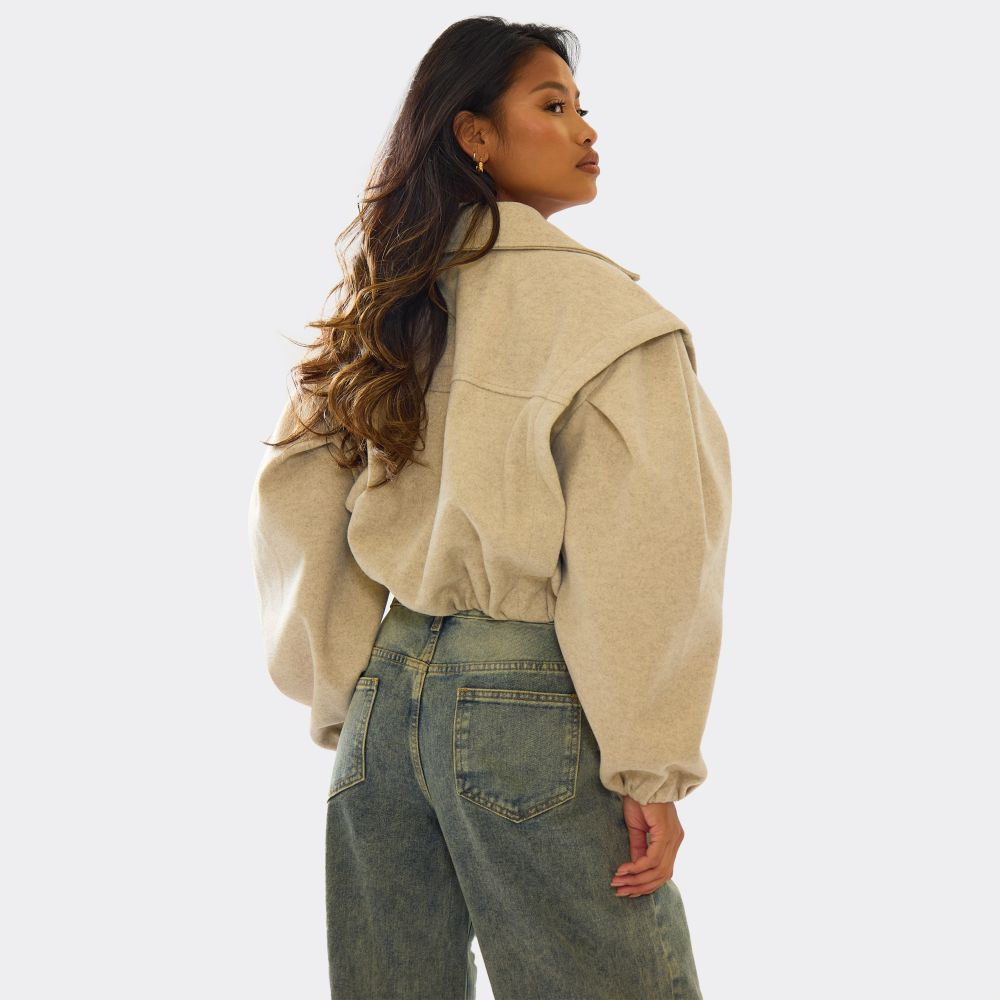 Long Sleeve Cinched Waist Cropped Wool Look Trench Jacket In Beige | EGO (UK)