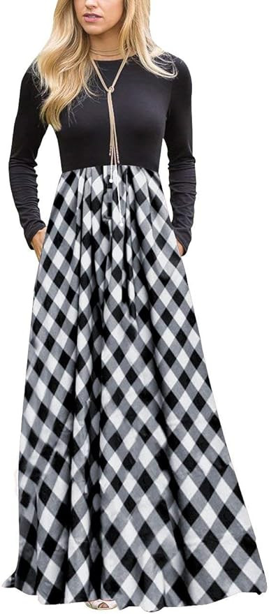 MEROKEETY Women's Long Sleeve Plaid Empire Waist Full Length Maxi Dress with Pockets | Amazon (US)