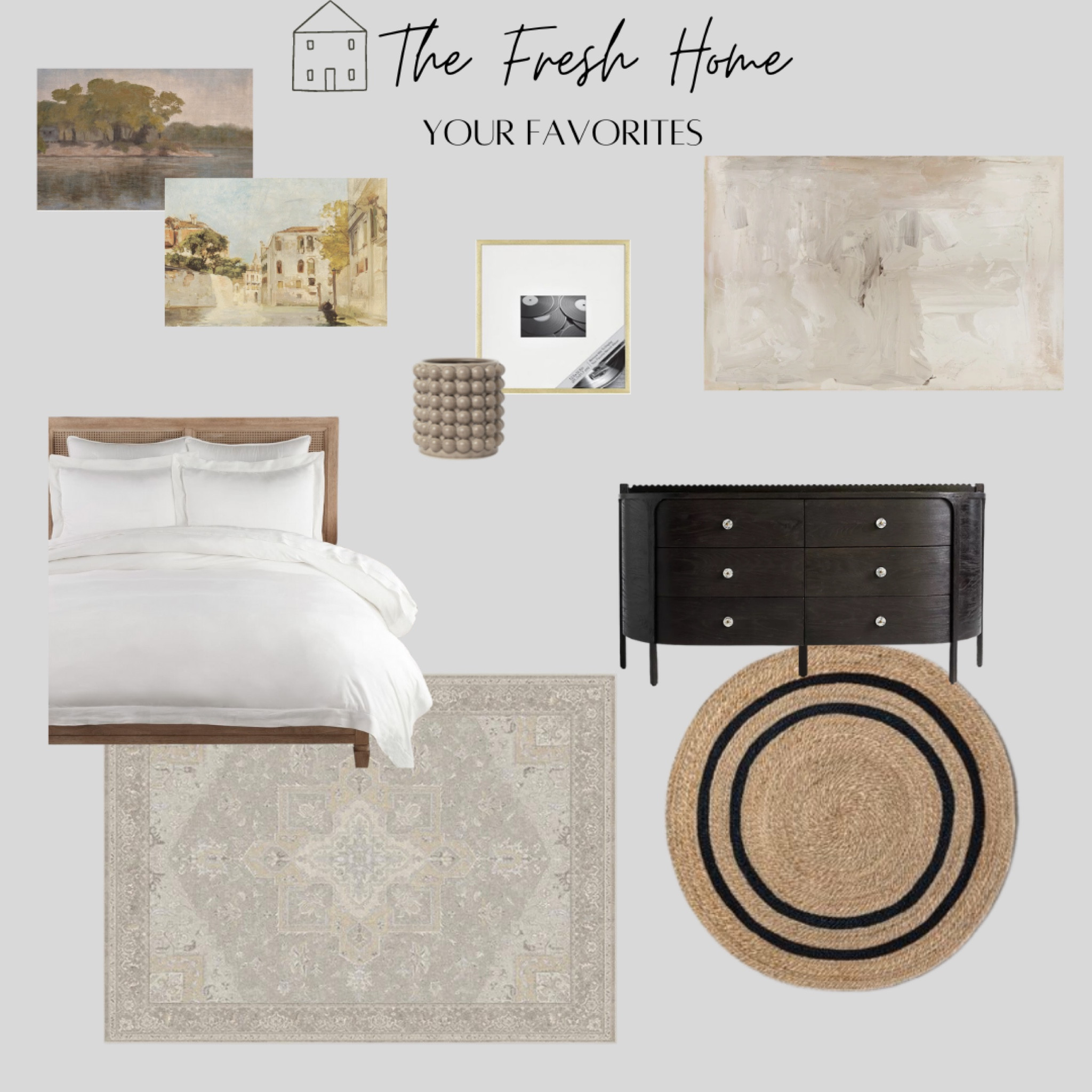 Favorites of the week. Washable rug. Ruggable. Neutral rug. Round rug. Jute rug. Natural fiber rug. White duvet. Pottery Barn. Neutral art. Oversized art. Digital art. Black dresser. Gold picture frame. Bubble planter. Pot. Entry rug. Landscape art. Vintage art. Home decor. 

#LTKhome