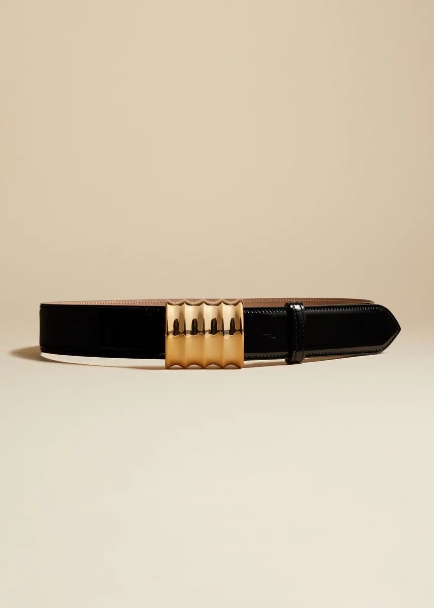 The Medium Julius Belt in Black Patent Leather with Gold | Khaite