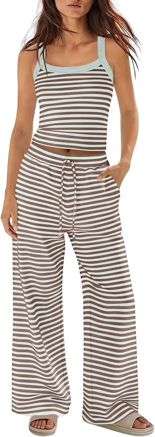 Panadila Womens Two Piece Sets Summer Striped Lounge Set Spaghetti Strap Tank Top Drawstring Pant... | Amazon (US)