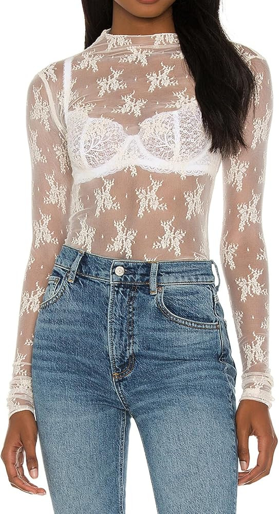 Womens Sheer Lace Long Sleeve Layering Top Mock Neck Floral Lace Undershirt Mesh See Through Shir... | Amazon (US)