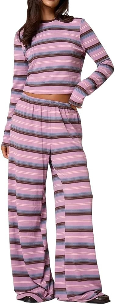 ROAONOCOMO Women Y2K Floral 2 Piece Lounge Set Long Sleeve Fitted Tee Shirt Top Wide Leg Long Pan... | Amazon (US)