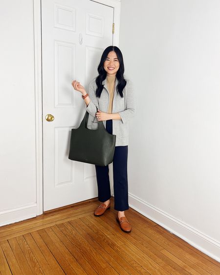 Gray sweater blazer
Beige top (XS)
Navy pants (4P)
Olive green tote bag
Cuyana System tote
Brown loafers (TTS)
Business casual outfit
Smart casual outfit
Work outfit
Ann Taylor outfit

#LTKworkwear #LTKstyletip #LTKfindsunder100