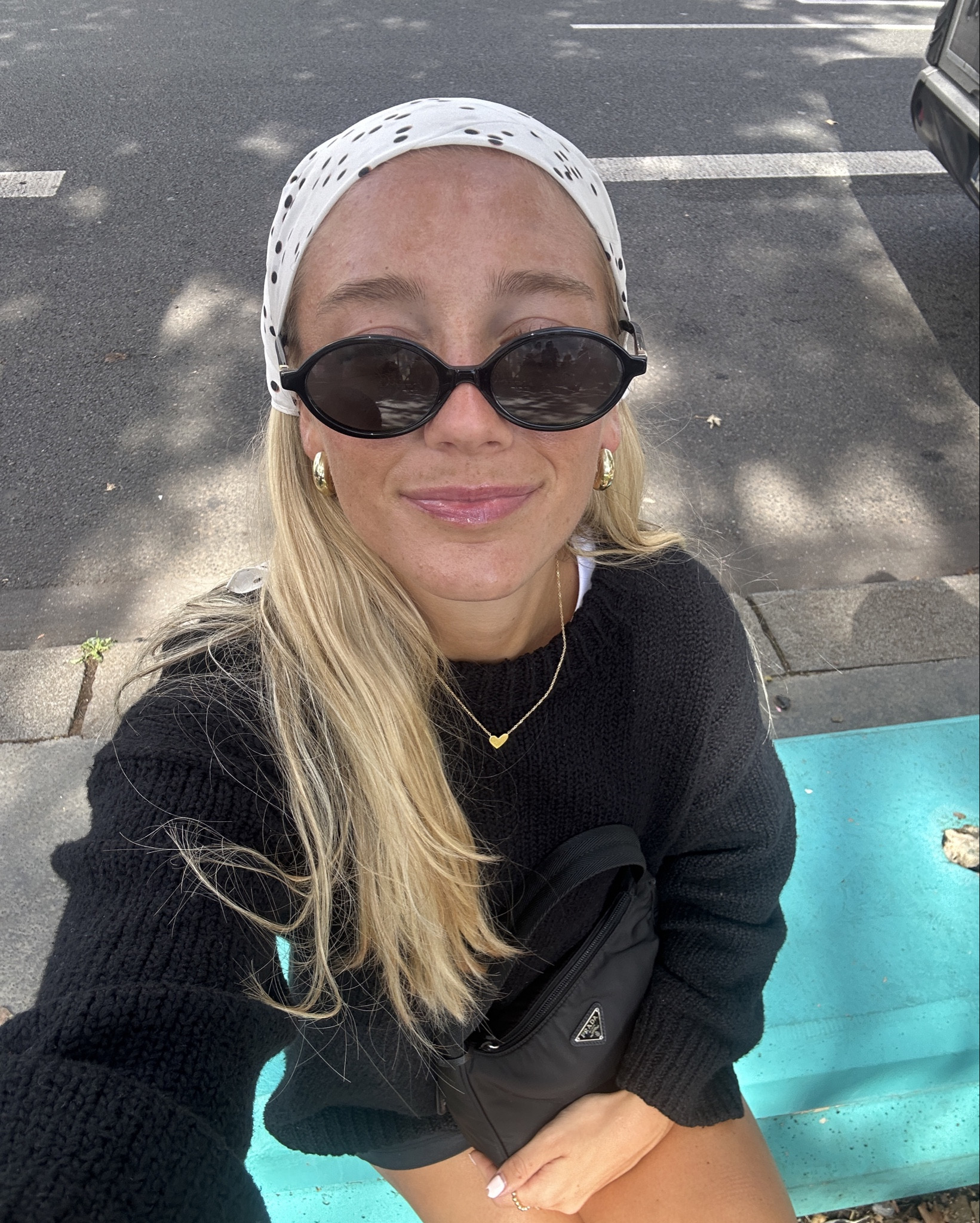 Black sweater white polka dot head scarf black mini skort