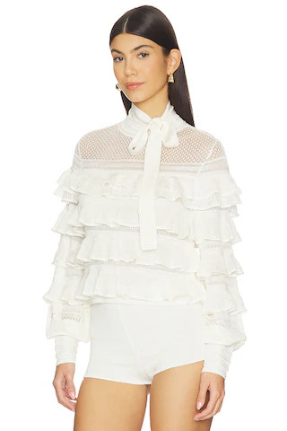 Luna Lace Frill Tie Neck Top in Ivory | Revolve Clothing (Global)
