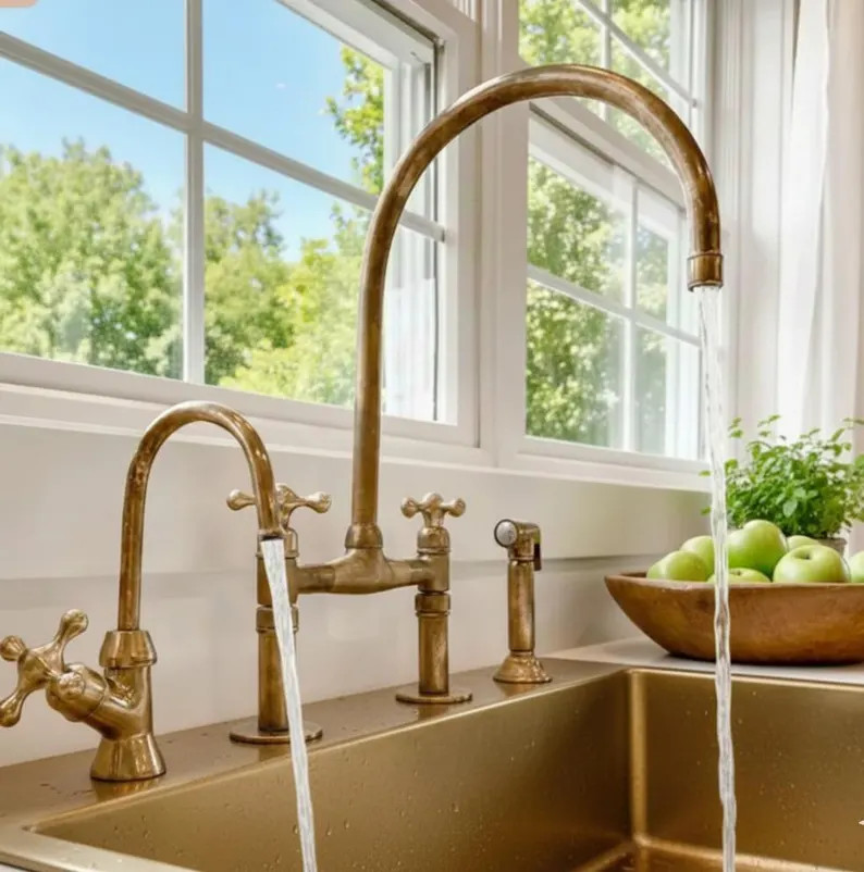 Unlacquered Solid Brass Bridge faucet for kitchen with Sprayer & Cold Tap. | Etsy (Global)