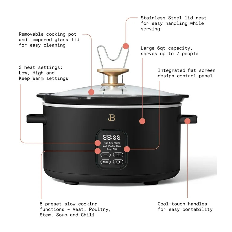 Beautiful 6QT Programmable Slow Cooker, Black Sesame by Drew Barrymore | Walmart (US)