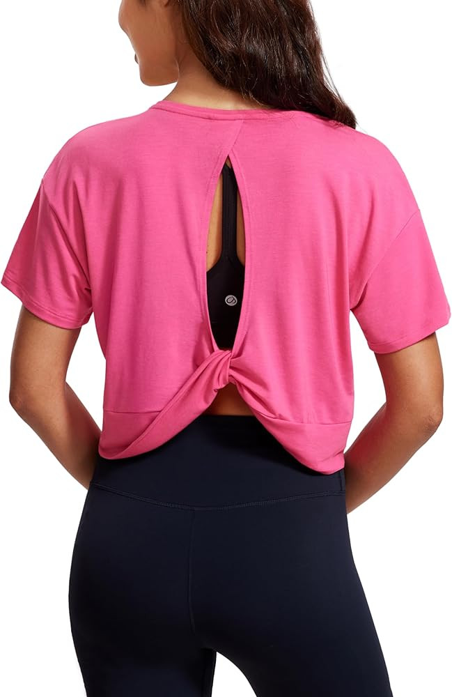 CRZ YOGA Open Back Short Sleeve Crop Top for Women Loose Athletic Yoga Workout Shirts Casual Crop... | Amazon (US)