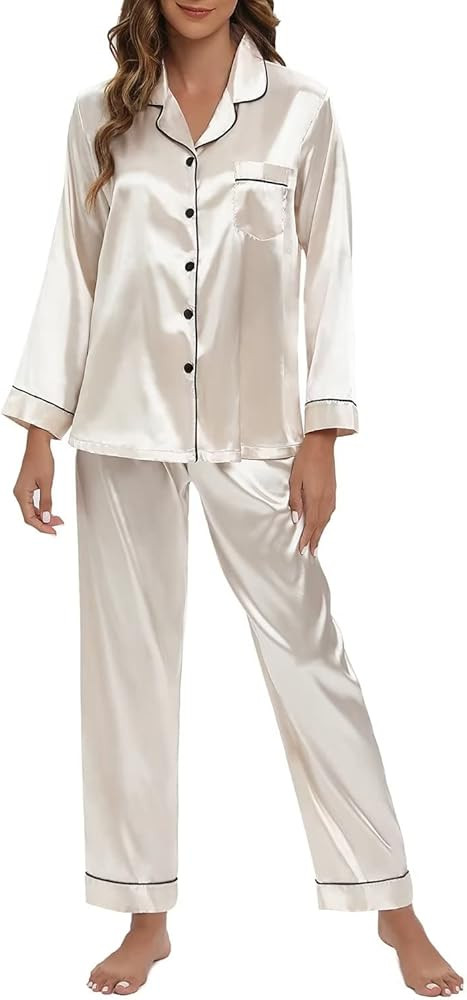 Women's Silk Satin Pajamas Set Long Sleeve Sleepwear Soft Pjs Set Two Piece Button Down Loungewea... | Amazon (US)