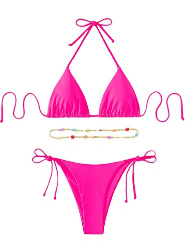 SHENHE Women's 2 Piece Sexy Bikini Sets Halter Tie Side Triangle Swimsuits M Hot Pink | Amazon (US)