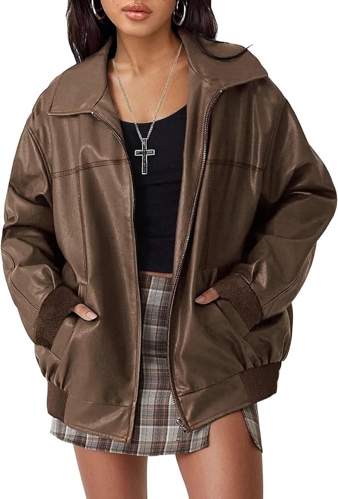 Women's Faux Oversized Leather Jacket Zip Up Motorcycle Bomber Fall Jackets 2025 Vintage Y2K Tops... | Amazon (US)