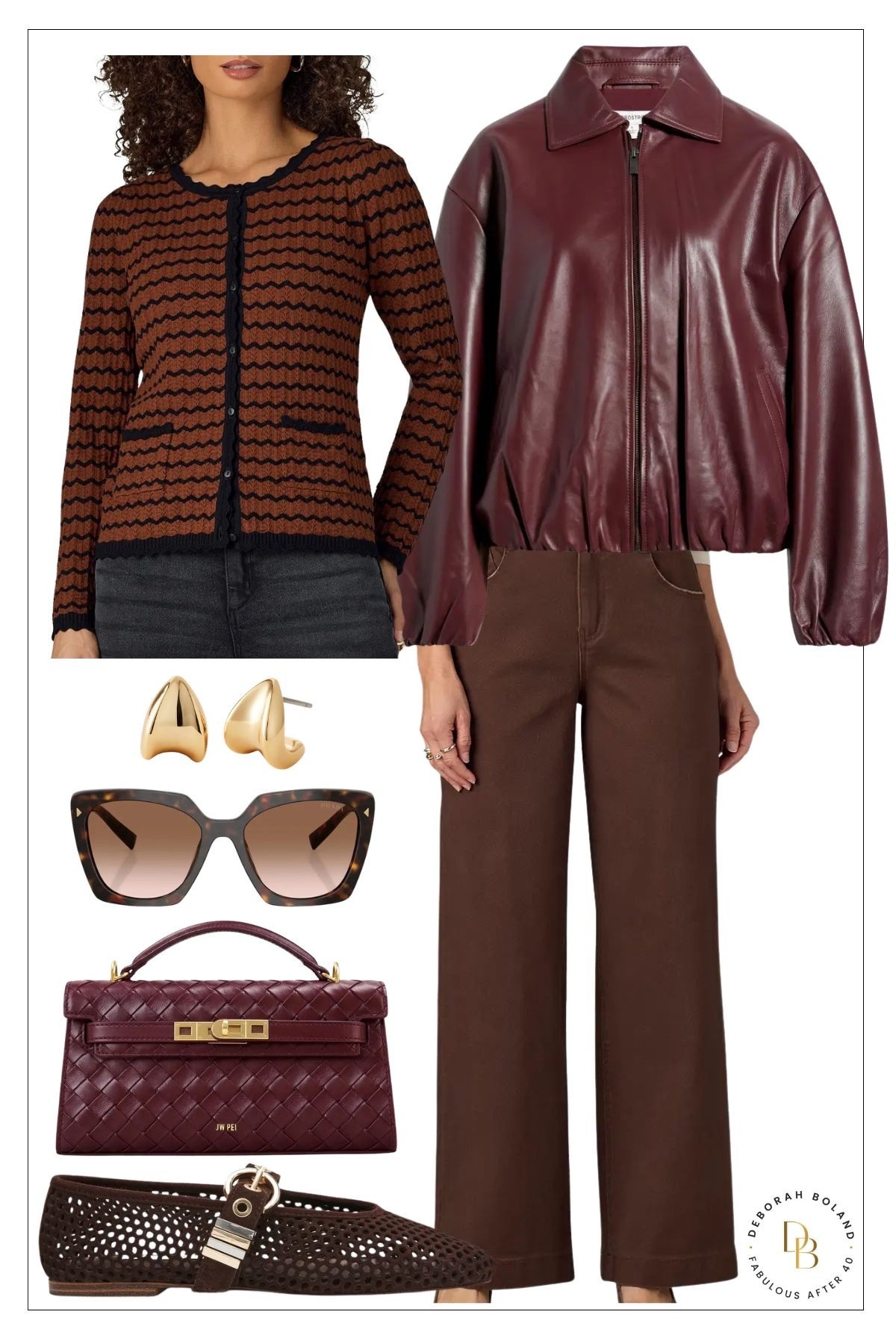 This is such a chic fall combination 🤎🍷 I love the rich mix of chocolate brown, burgundy and warm caramel tones—it feels classic but still has that effortless, modern edge.

The cropped leather jacket adds just the right amount of polish to the relaxed wide-leg pants, while the loafers, woven bag and oversized sunglasses pull everything together. And that little pop of burgundy? So good!

#LTKOver40 #LTKSeasonal #LTKSaleAlert