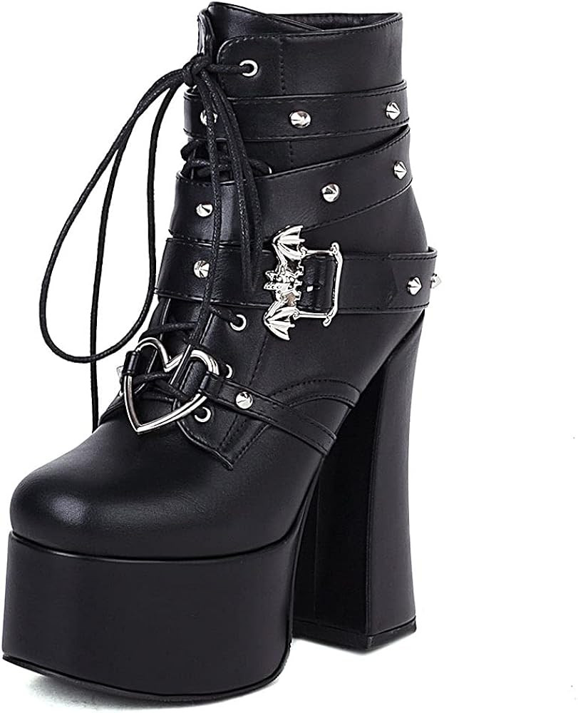 Amazon.com | CYNLLIO Boots for Women High Heel Platform Lace-up Ankle Boots Sequin Studded Goth S... | Amazon (US)