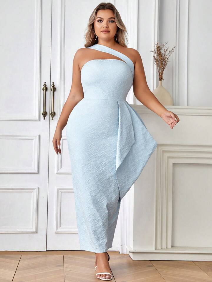 Plus One Shoulder Draped Side Jacquard Dress | SHEIN