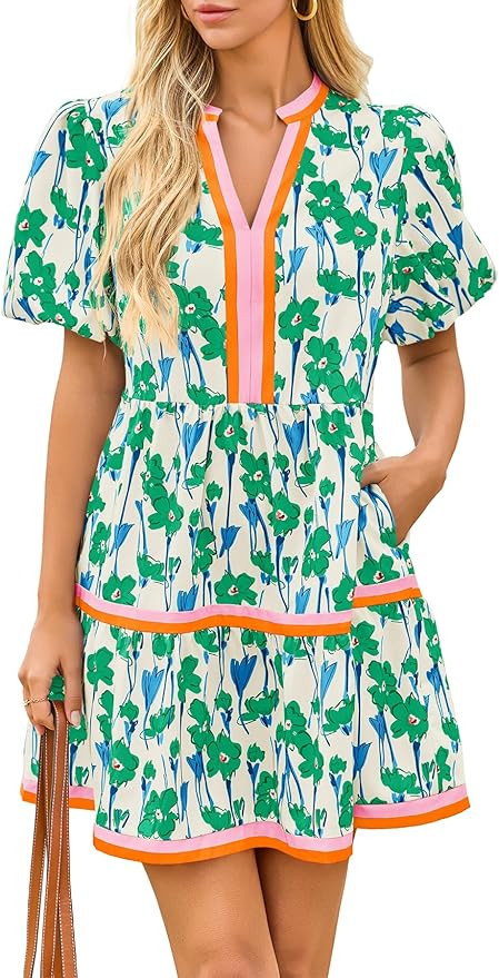 Cicy Bell Womens V Neck Floral Mini Dress Short Puff Sleeve Patchwork Summer Casual Boho Dresses | Amazon (US)