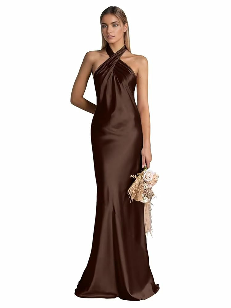Lindo Novia Satin Bridesmaid Dresses for Wedding Halter Mermaid Formal Wedding Guest Dress Long f... | Amazon (US)