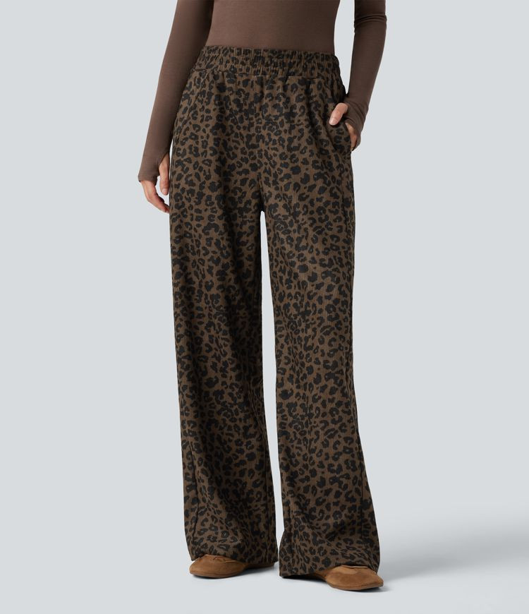 Women’s High Waisted Straight Leg Mop Leopard Print Corduroy Casual Pants with Pockets - Halara | HALARA