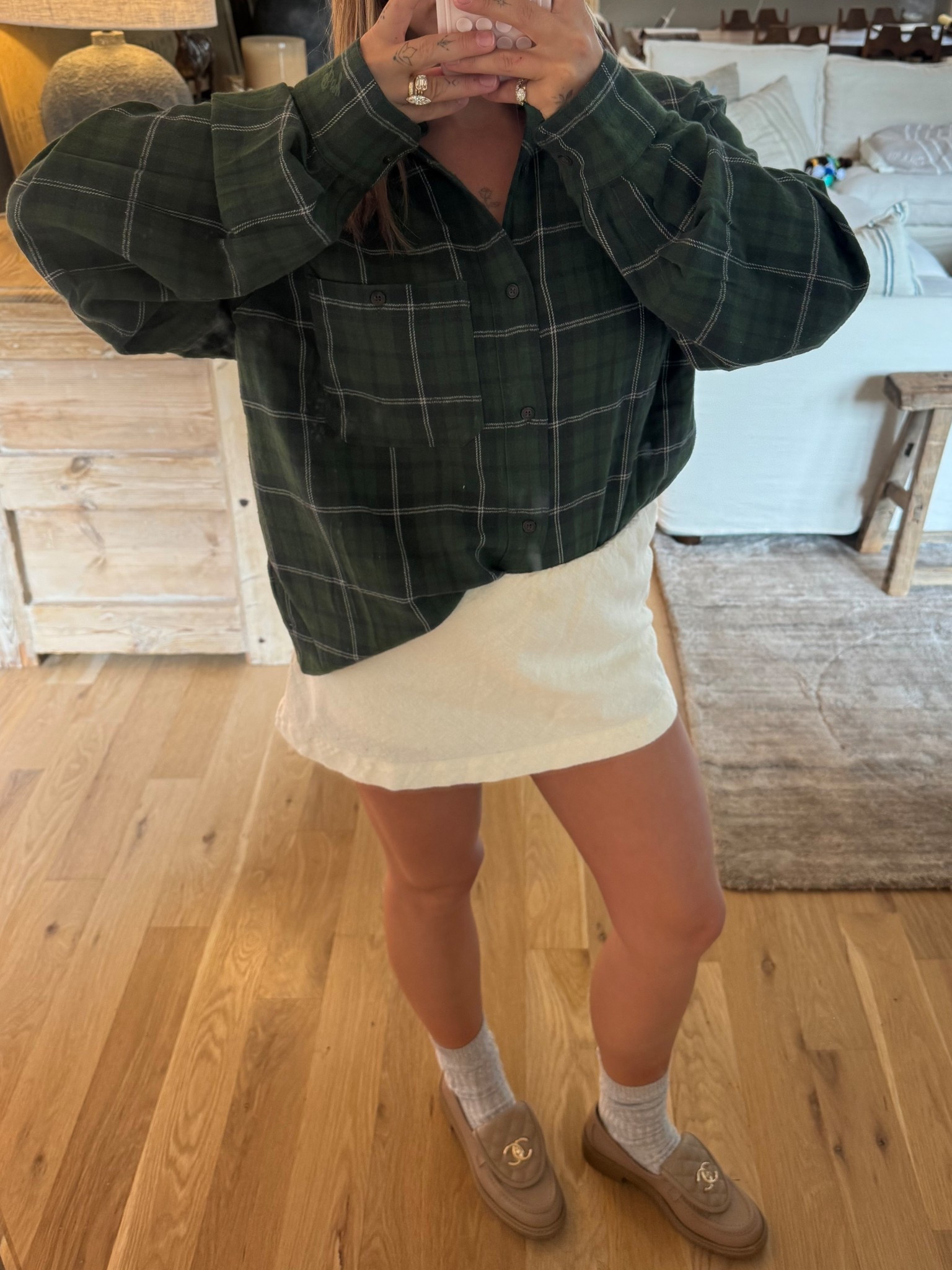 Fall ootd! My fav free poeple mini skort I have in so many colors!! Size M. Flannel is size S! Boxy fit already!