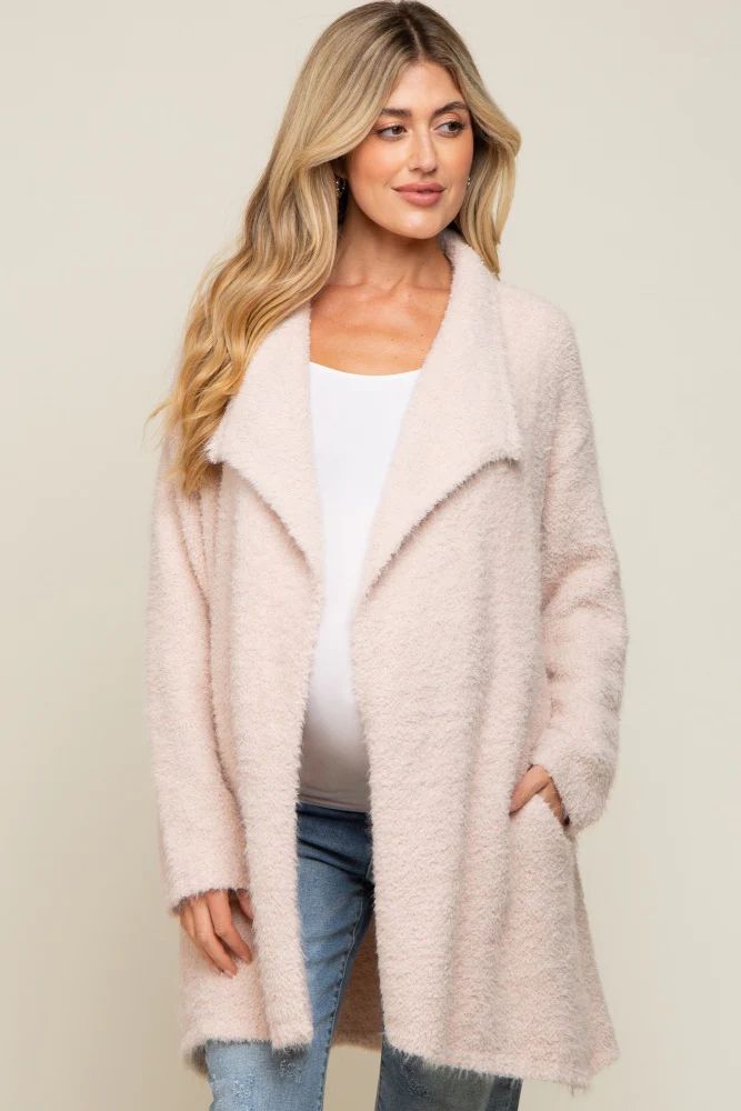 Beige Fuzzy Knit Draped Maternity Cardigan | PinkBlush Maternity