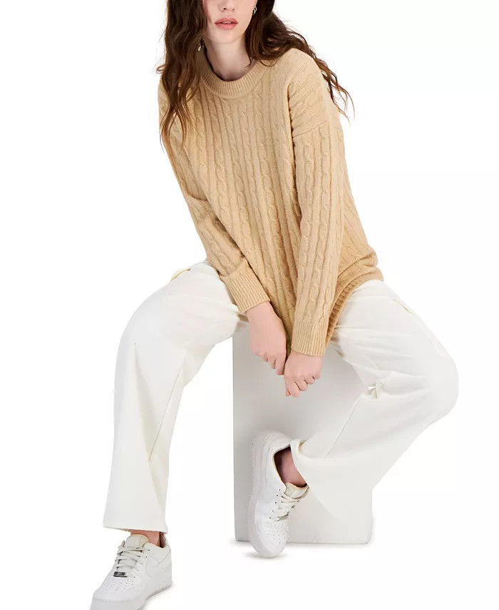 Juniors' Cable-Knit Crewneck Tunic Sweater | Macy's