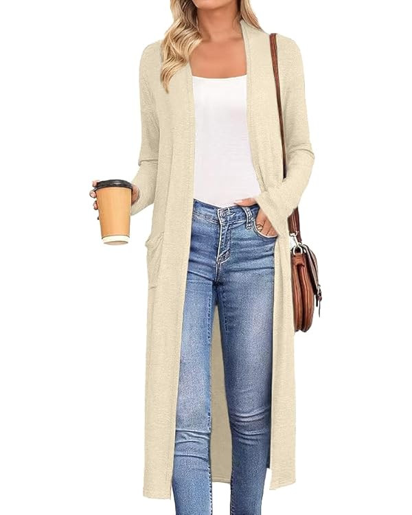 AYIFU Womens Maxi Cardigan Lightweight Long Sleeve Open Front Casual Cardigans Duster with Pocket... | Amazon (US)